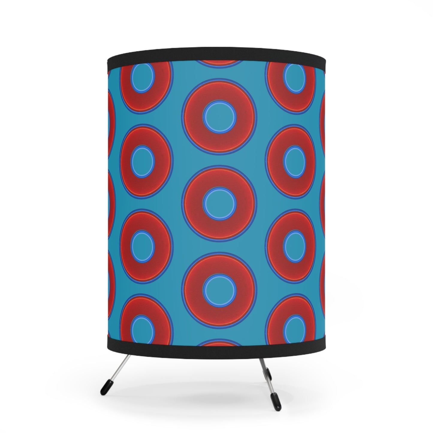 Lumpy Tripod Donut Lamp - vivid red donuts w/aquamarine blue background