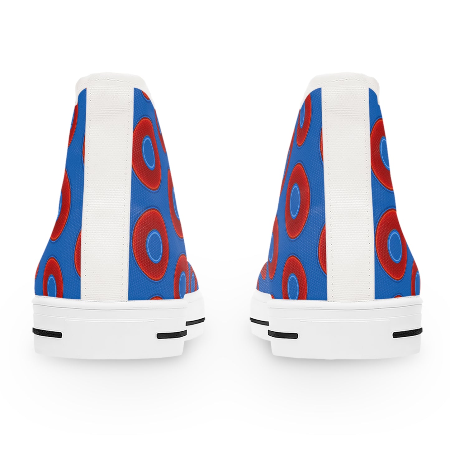 Women's High Top Chuck Taylors - large vivid red donut print w/dark royal blue background