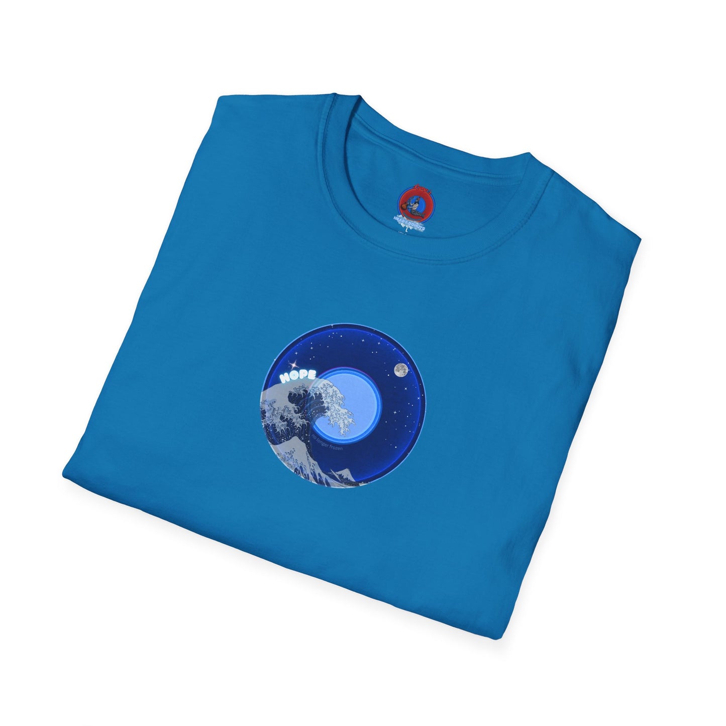 Classic Donut Tee - Unisex Soft-Style - "The Hopeful Waving Donut" - variant 2 - vivid blue donut