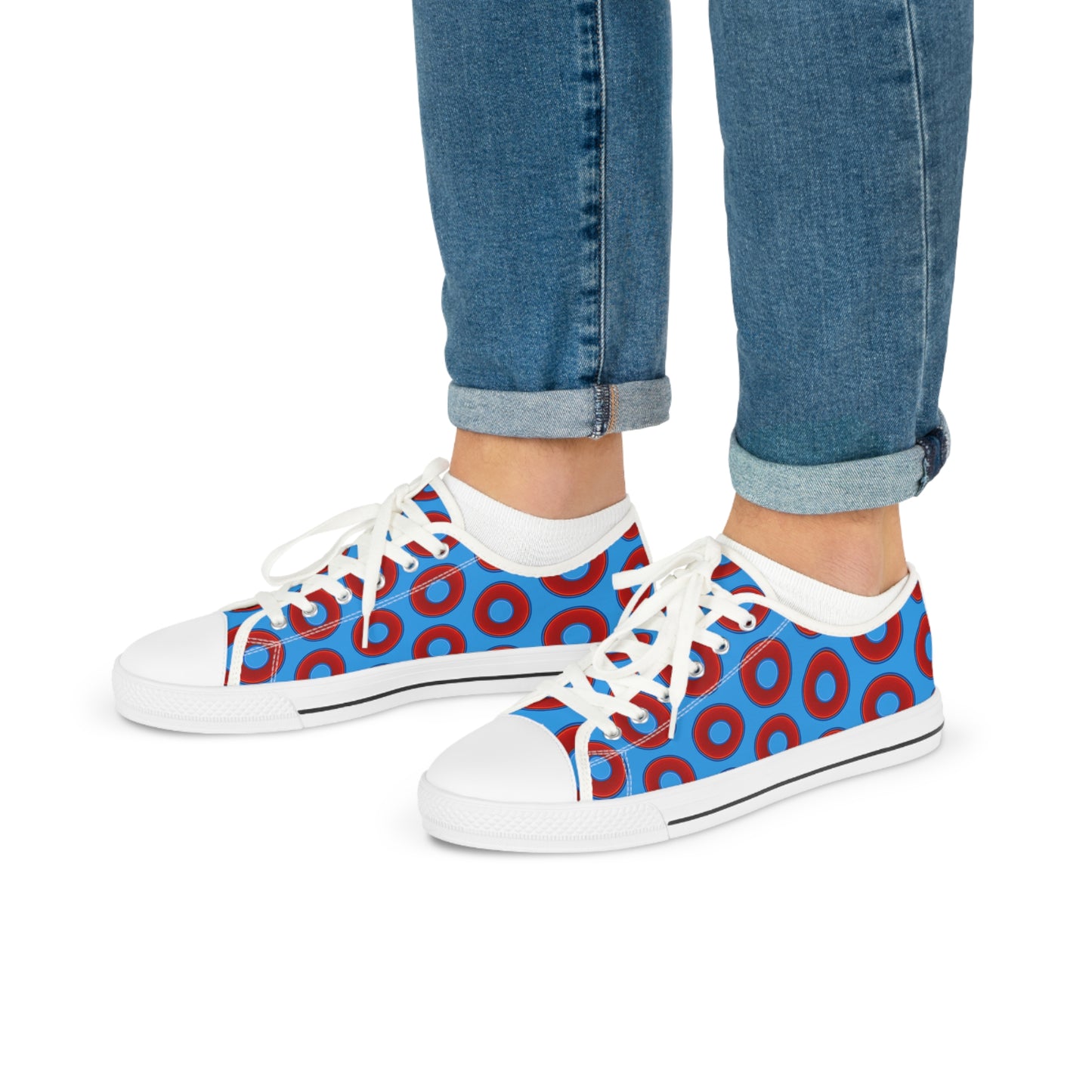 Men's - Low Top Chuck Taylors - large vivid red donut print w/sky royal blue background