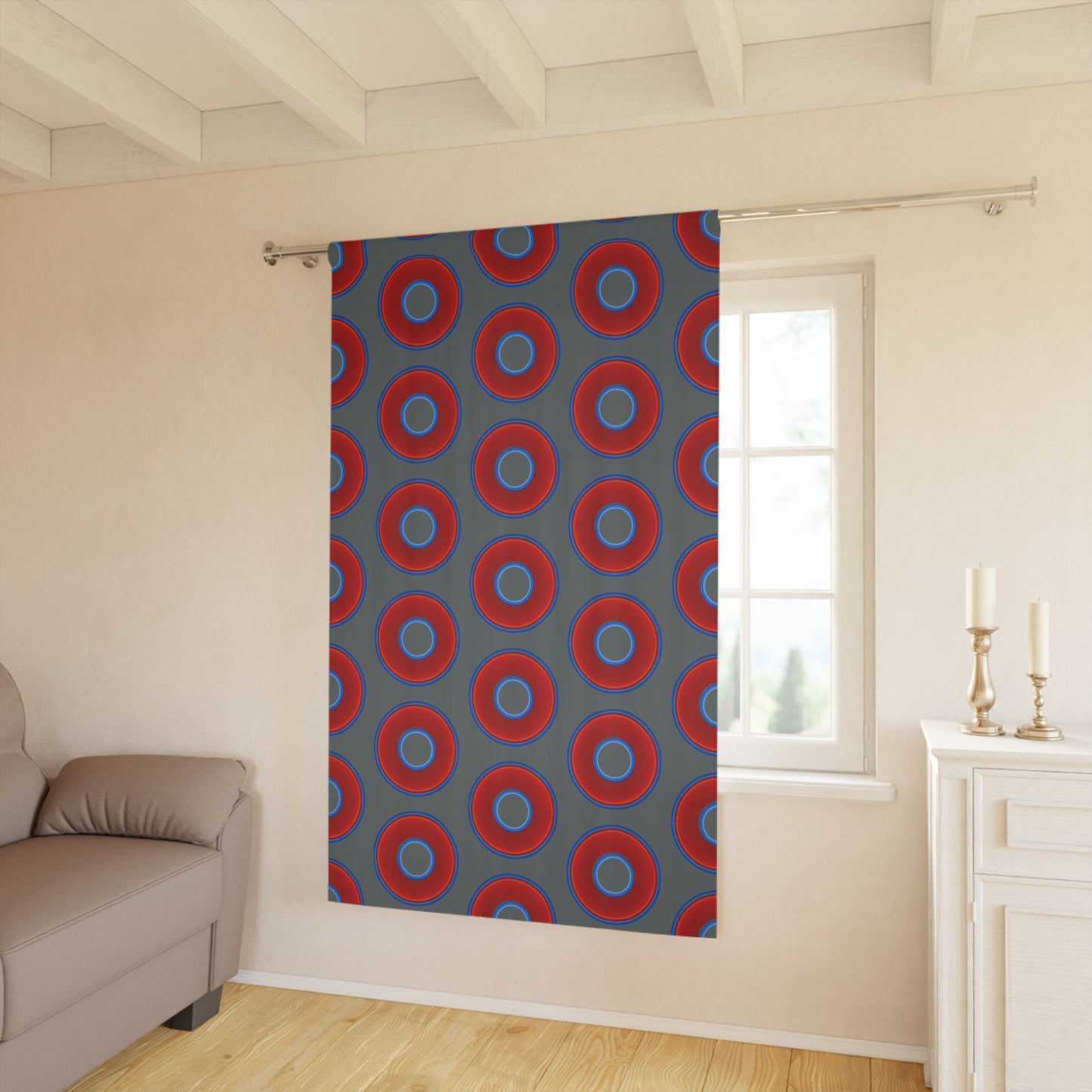 Lump's Heady Curtain w/Donuts - vivid red donut print - w/dark gray background - [*1 Piece / 50" x 84"]