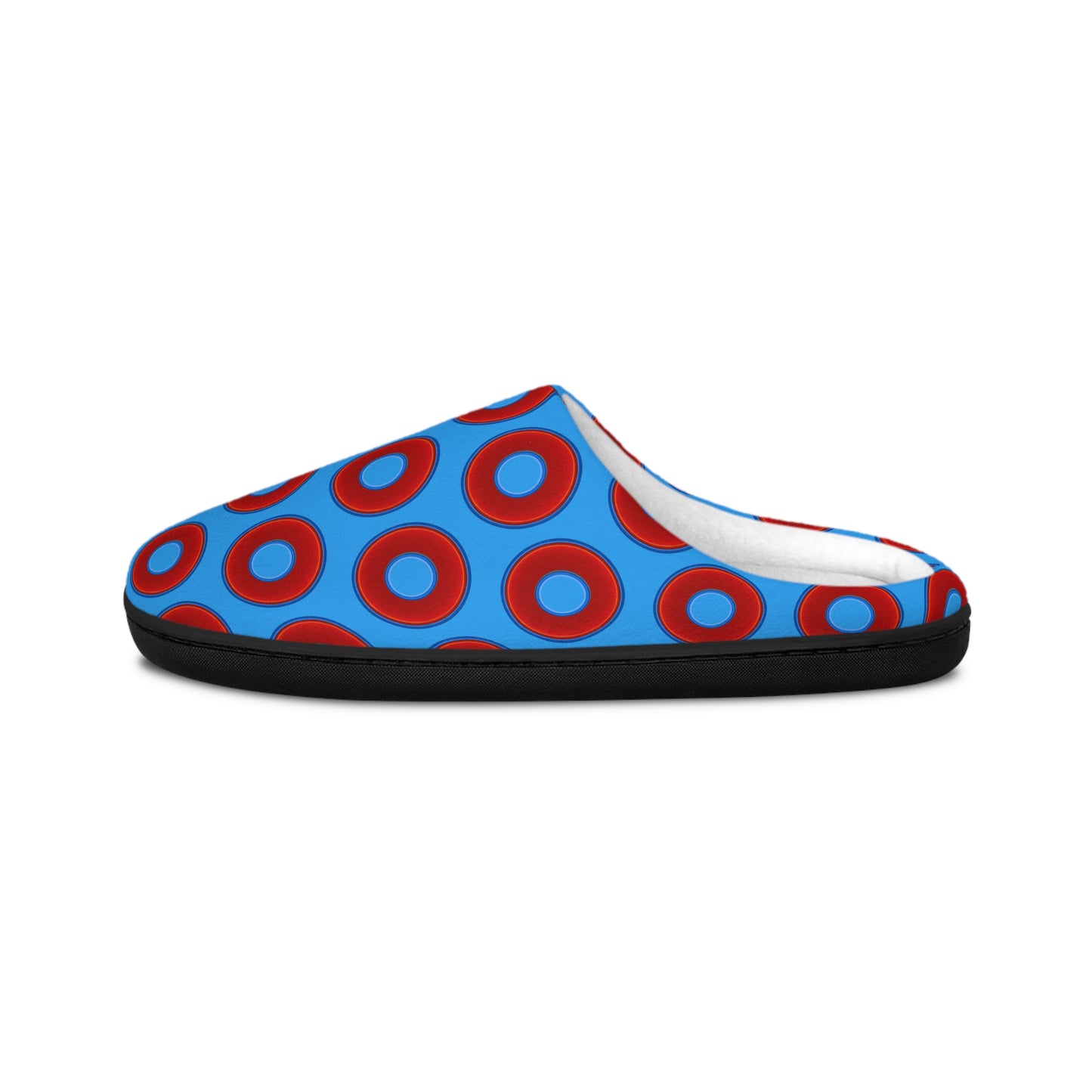 Women's Lumpy Slippers - red vivid donut print w/sky royal blue background