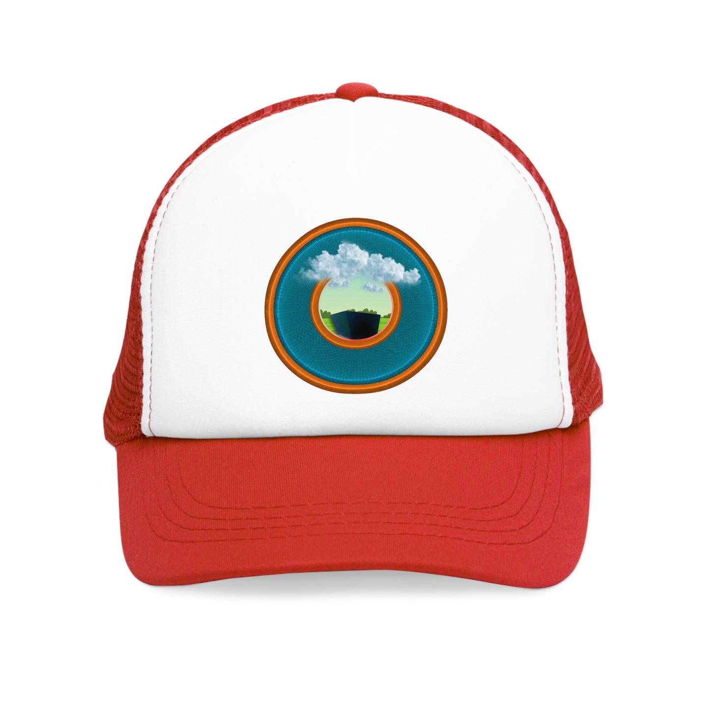 Lumpy Trucker Hat - "Got Rhombus?" - variant 5 - aquamarine/orange donut