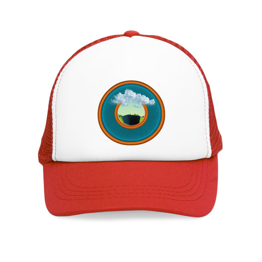 Lumpy Trucker Hat - "Got Rhombus?" - variant 5 - aquamarine/orange donut