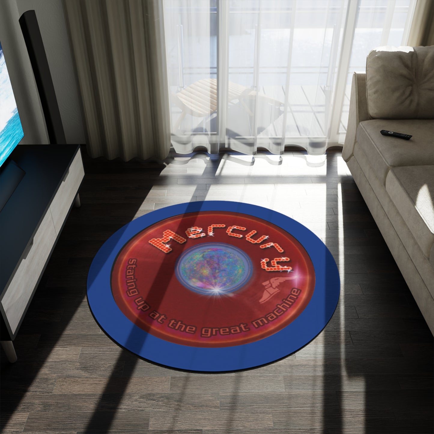 Round Room - 5 ft x 5 ft Lumpy Donut Rug - "Donut Rug of the Gods" - vivid red donut w/dark blue background - variant 3