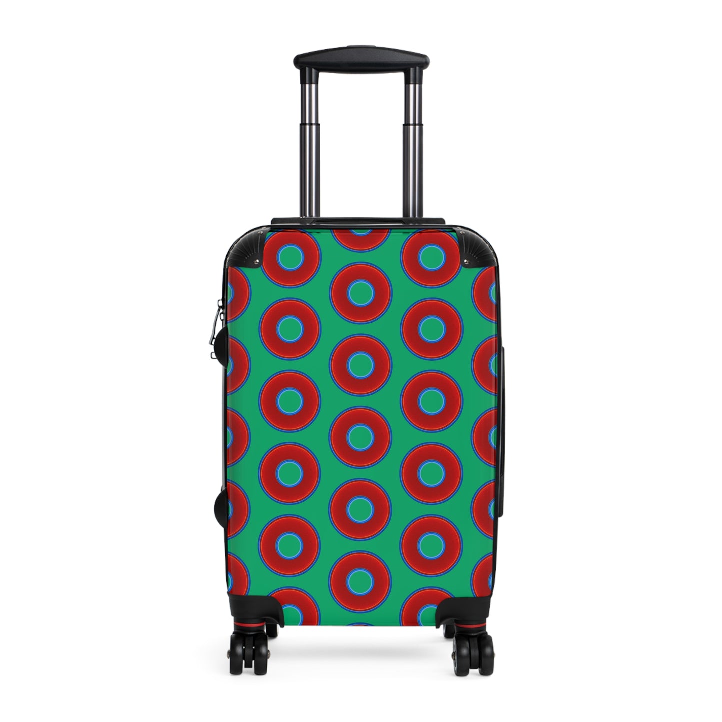 The Very Lumpy Donut Suitcase series - your choice of S, M or L - vivid red donut print w/jade green background