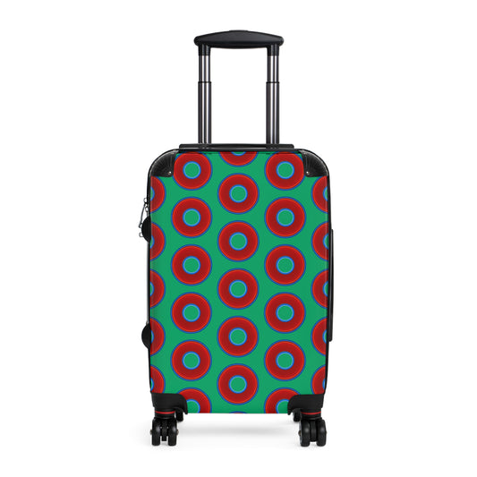 The Very Lumpy Donut Suitcase series - your choice of S, M or L - vivid red donut print w/jade green background