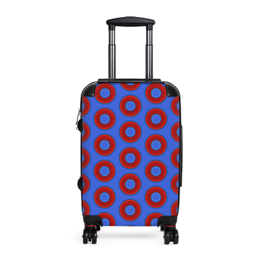 The Very Lumpy Donut Suitcase series - your choice of S, M or L - vivid red donut print w/royal blue background
