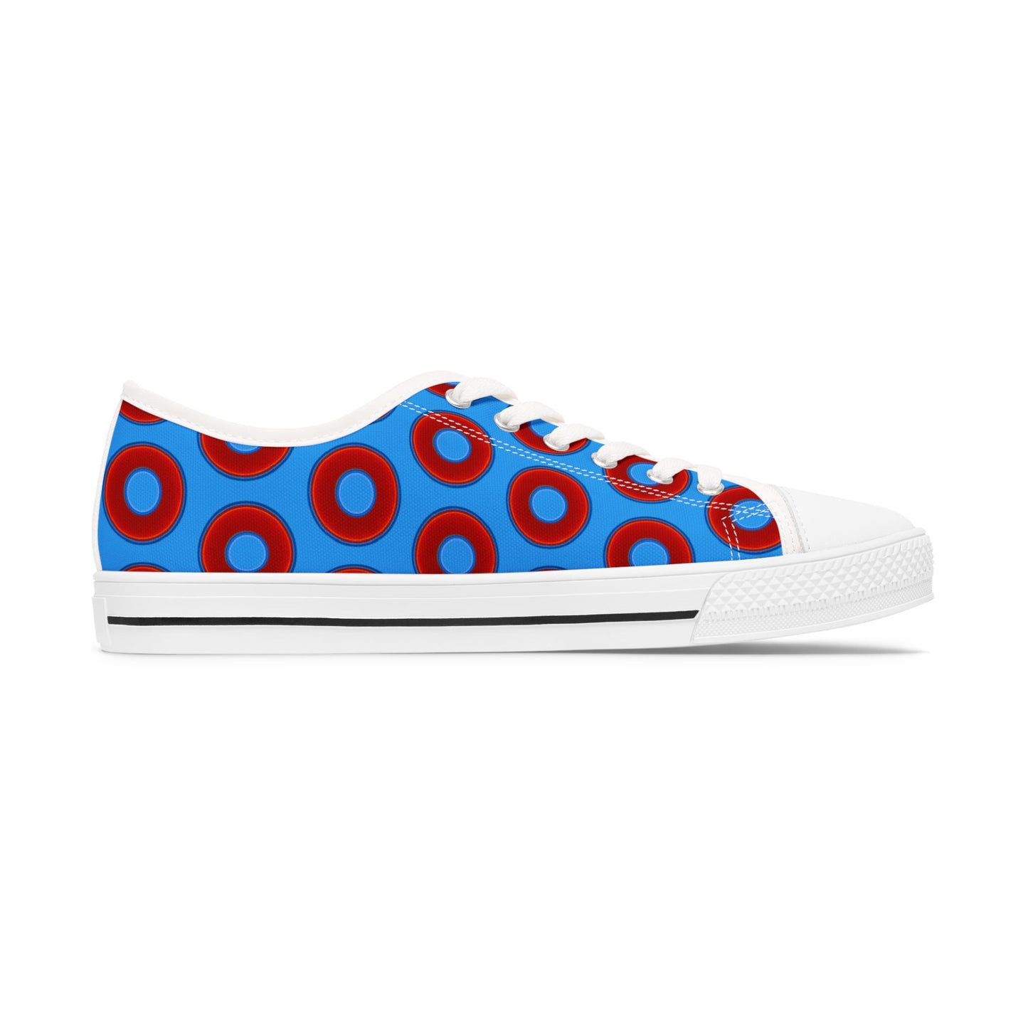Women's - Low Top Chuck Taylors - large vivid red donut print w/sky royal blue background