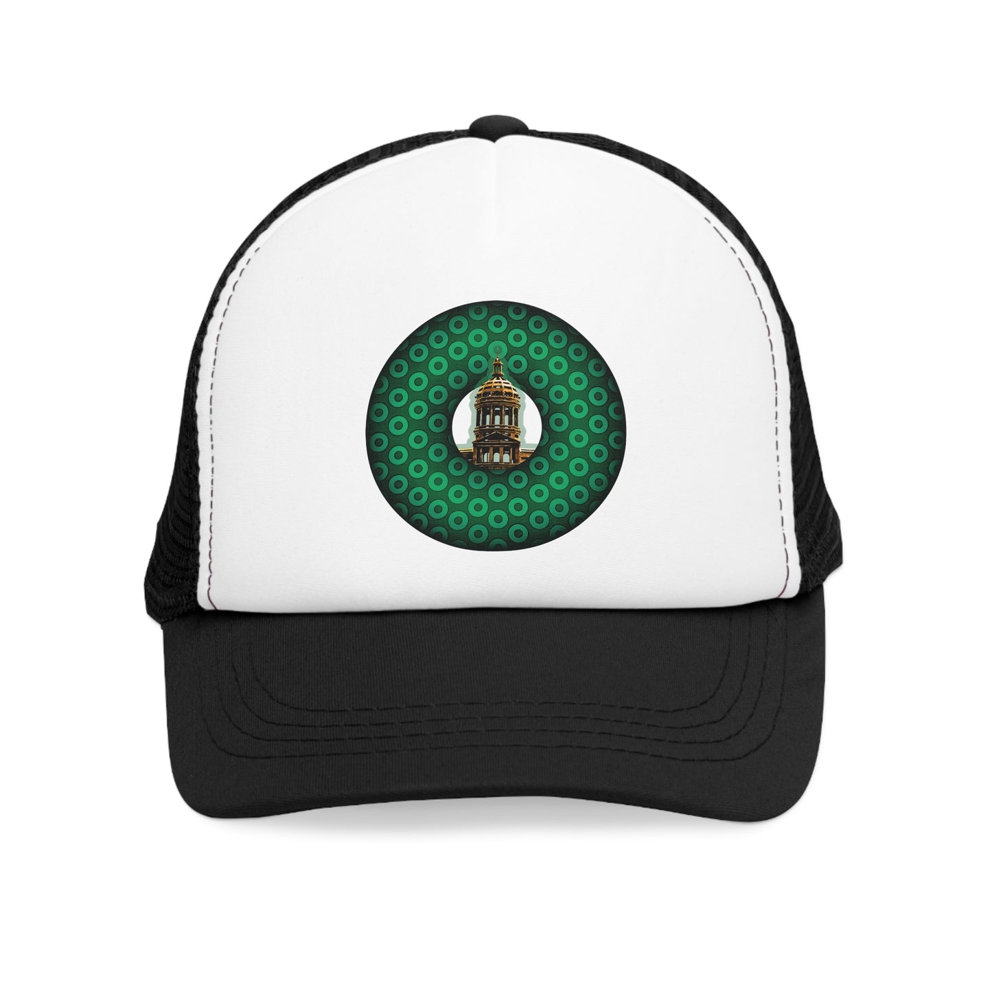 Lumpy Trucker Hat - "Save the Mondegreen City Hall" - variant 1 - paradoxical donut/green