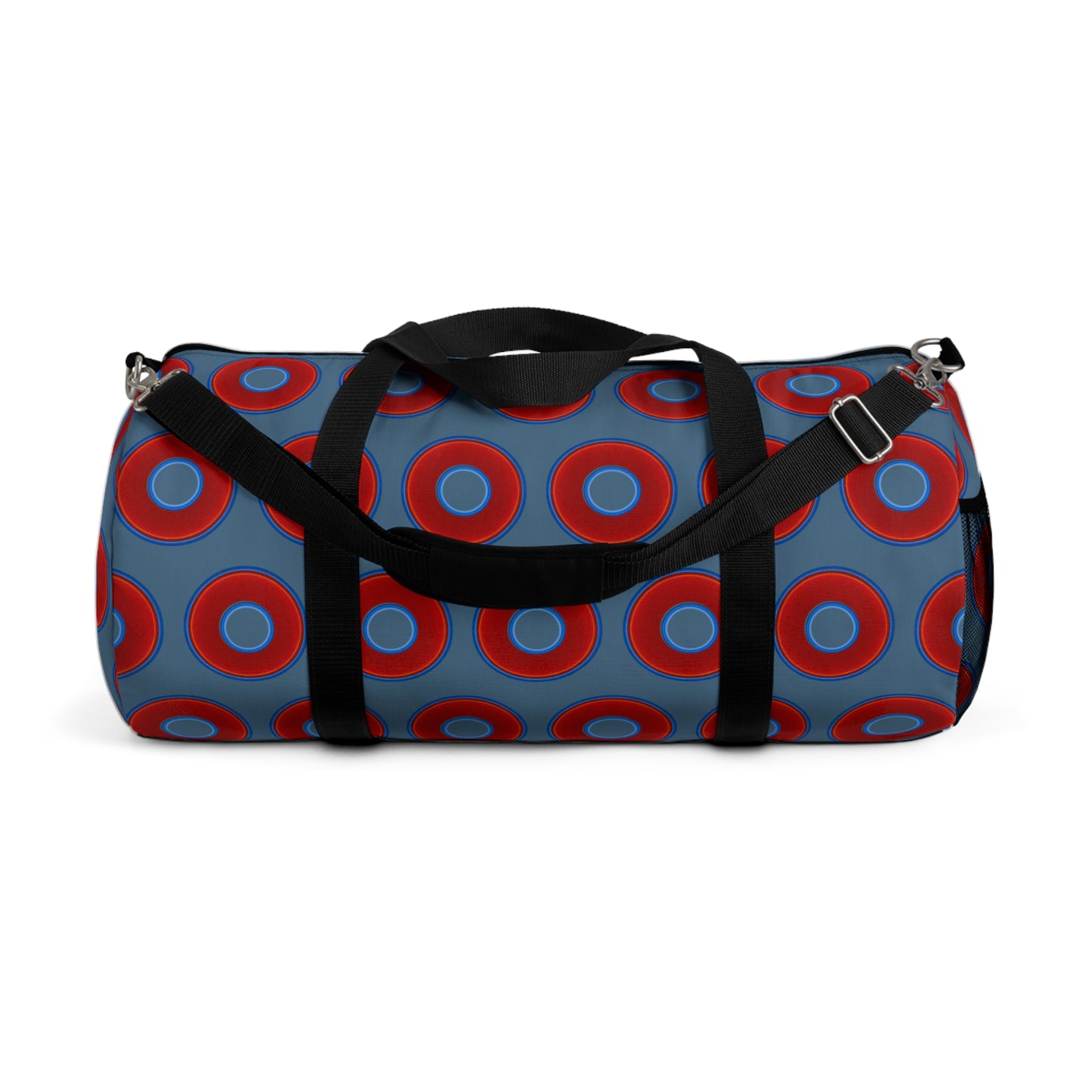 Lumpy Duffel - vivid red donuts w/steel blue background