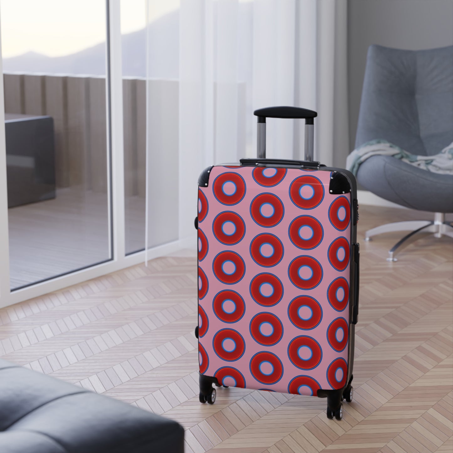 Very Lumpy Donut Suitcase series - your choice of S, M or L - vivid red donut print w/pale magenta background
