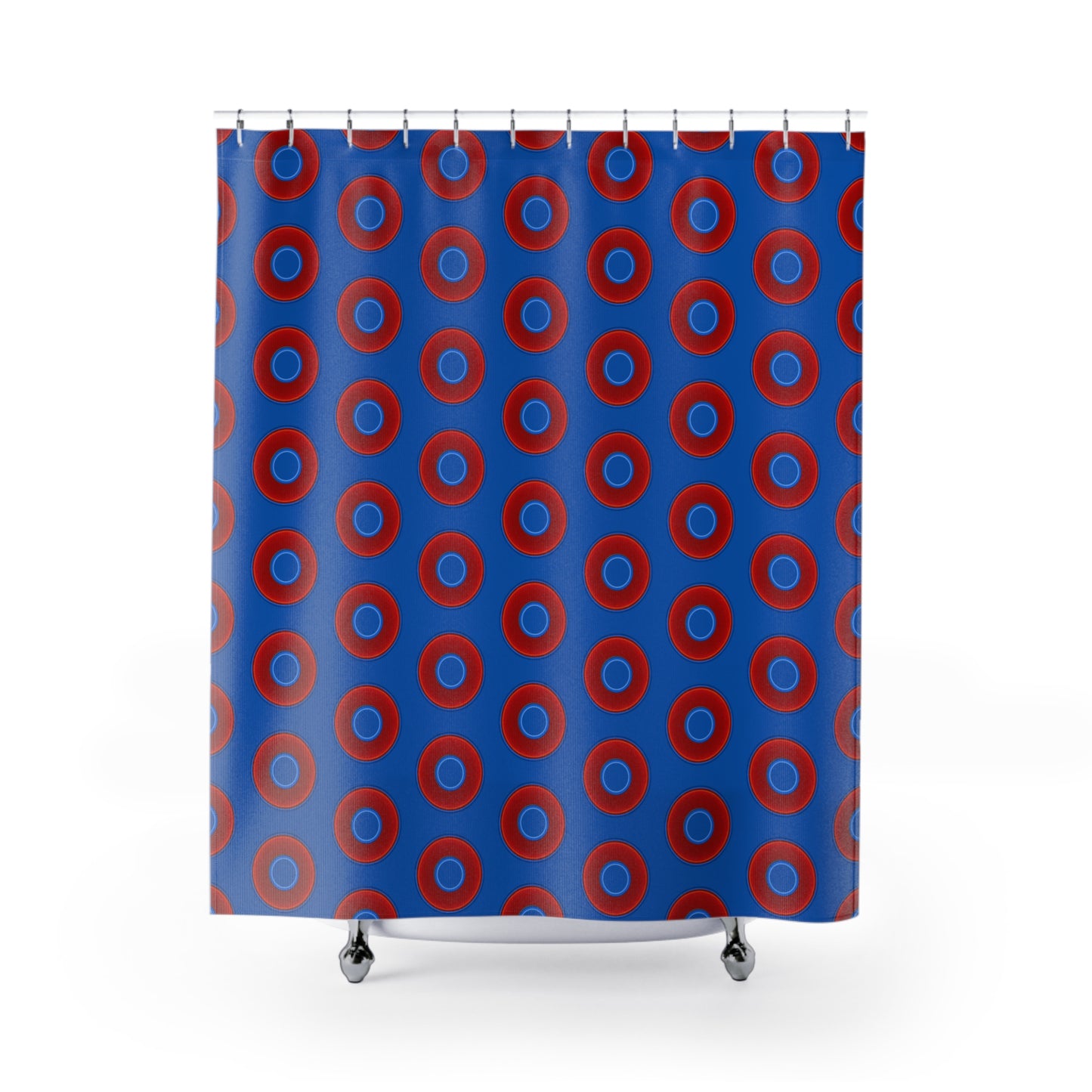 The Curtain With "Donuts" - Lumpy Bath Time Fun - vivid red donuts w/dark royal blue background