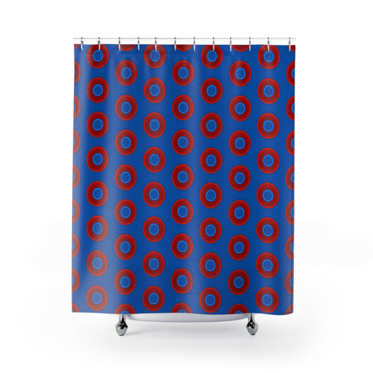 The Curtain With "Donuts" - Lumpy Bath Time Fun - vivid red donuts w/dark royal blue background