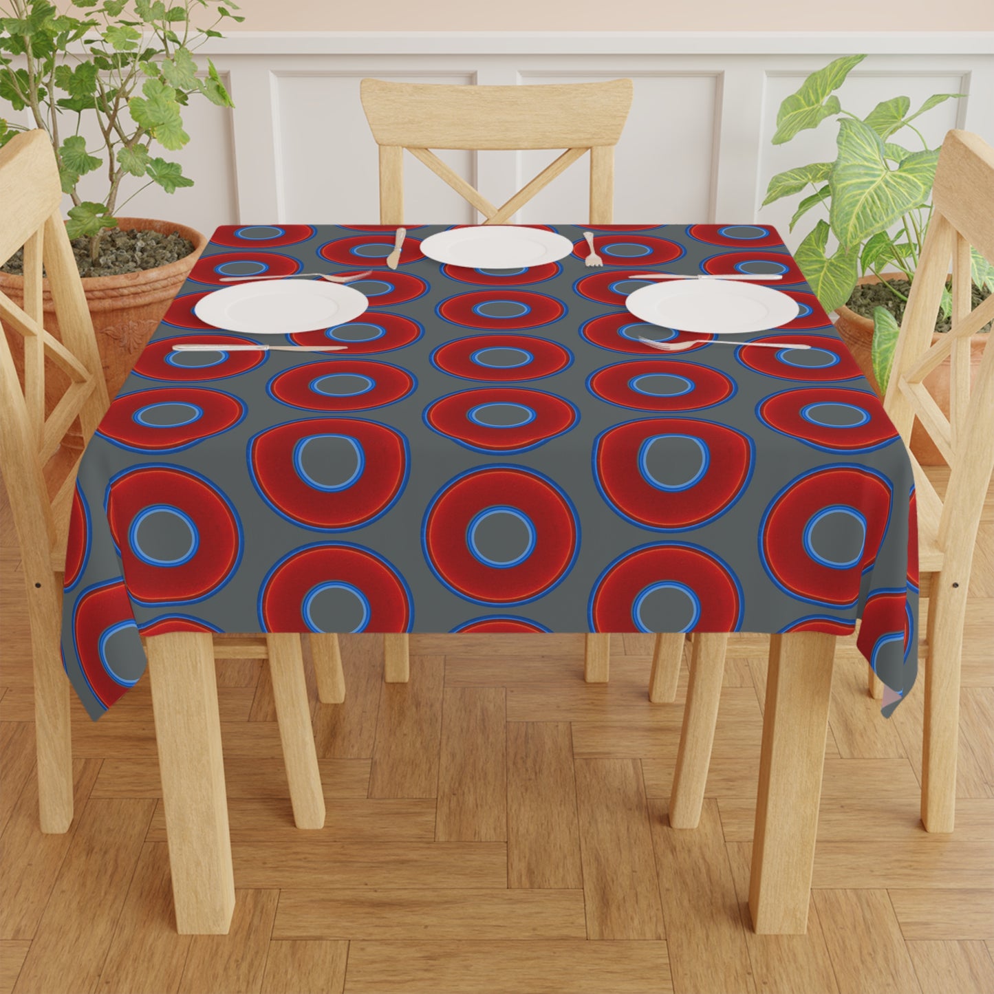 Lumpy Tablecloth - 55.1" x 55.1" - vivid red donuts w/dark gray background