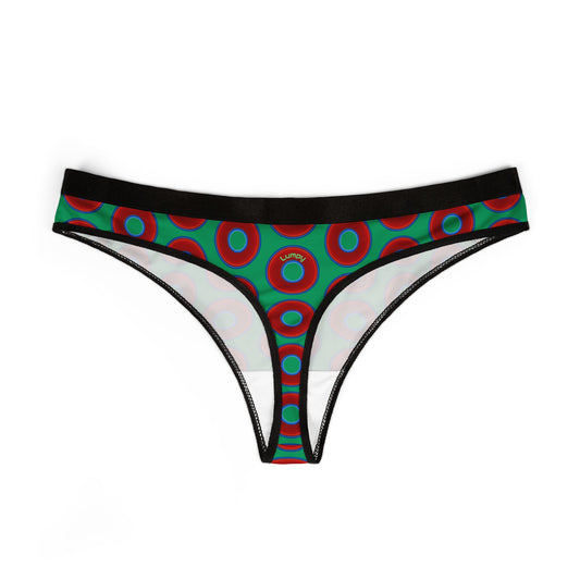 Lumpy Donut Thongs - red vivid donut print w/jade green background