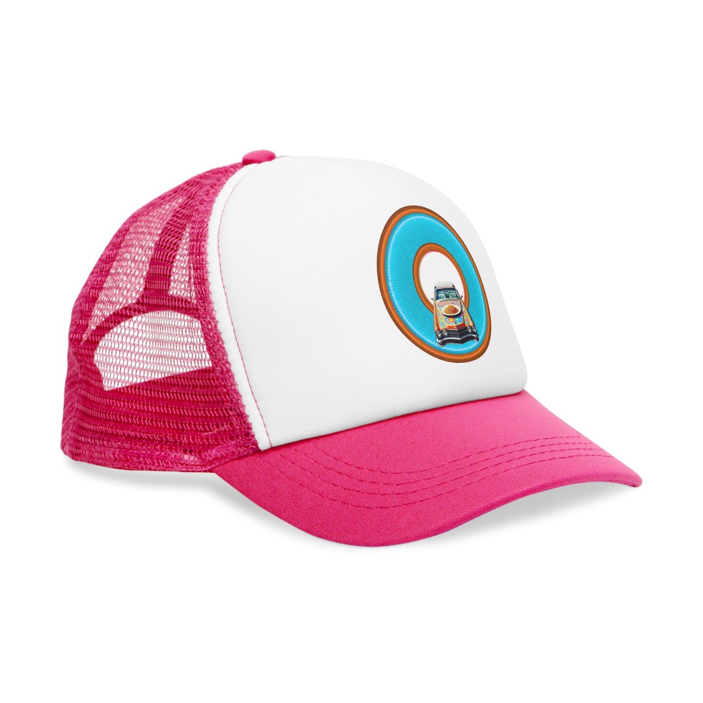 Lumpy Trucker Hat - "Cadillac Rainbows & Eating on the Run" - variant 3 - turquoise/orange donut