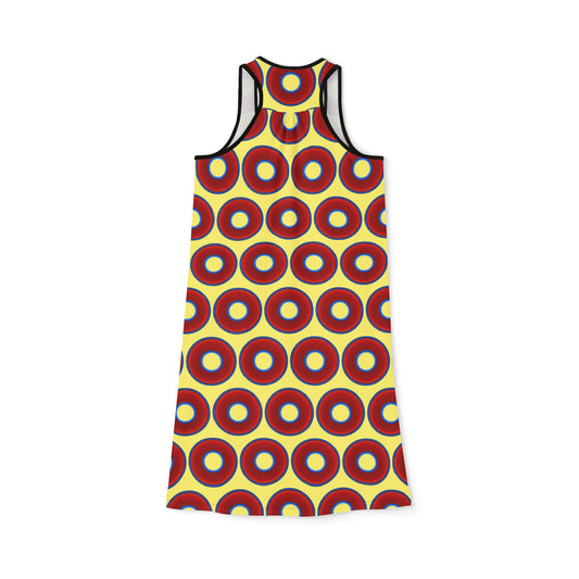 Tela's Lumpy Racerback Donut Dress - red vivid donut print w/yellow background