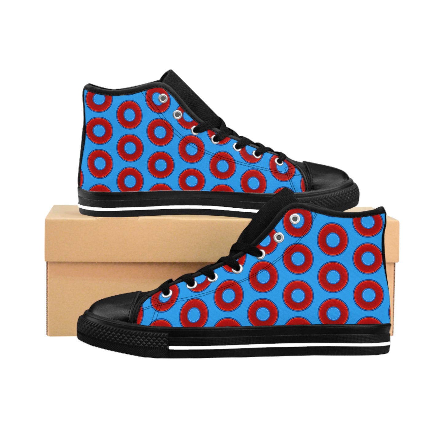 Men's Cushiony Convectors - High Tops - red vivid donuts w/sky royal blue background
