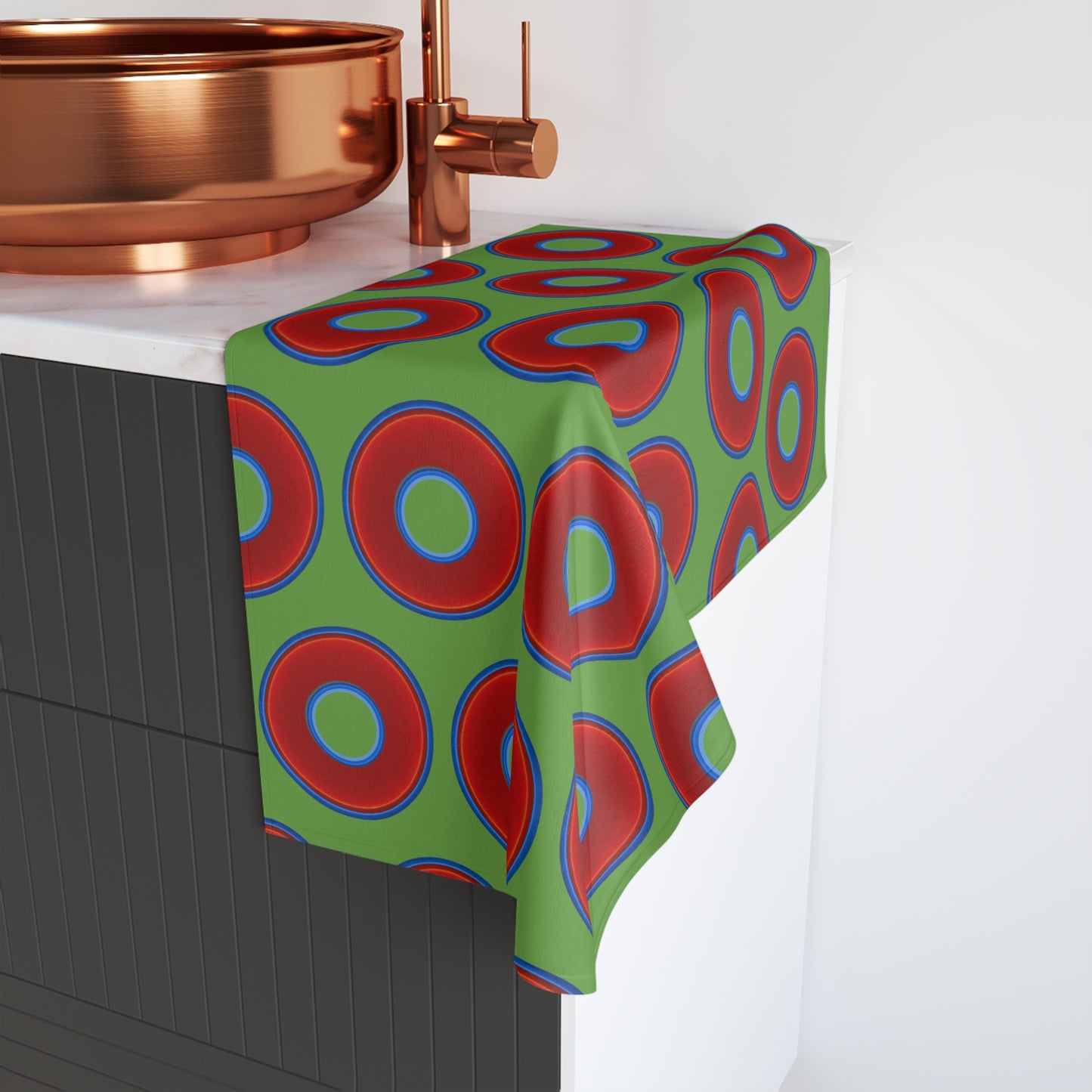 Lumpy Kitchen/Hand Towels - vivid red donuts w/light green background
