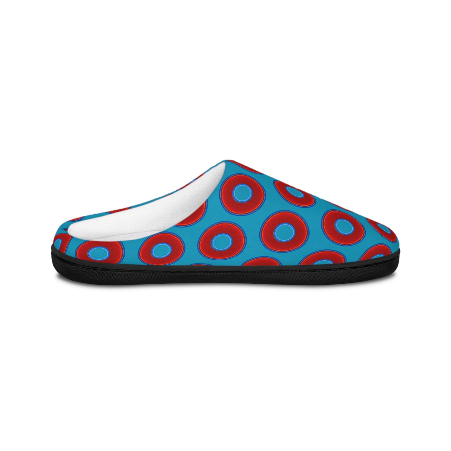 Women's Lumpy Slippers - red vivid donut print w/aquamarine blue background