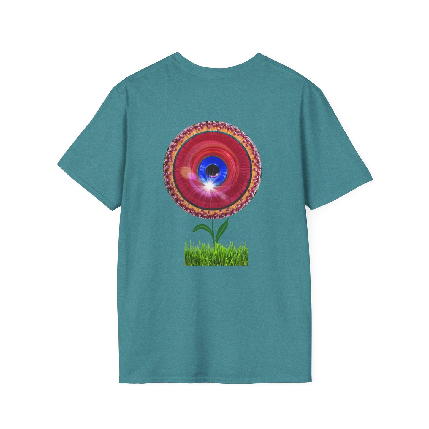 Classic Donut Tee - Unisex Soft-Style - "Smell the Donuts Outside on my Lawn"  " variant 1 - blue donut on red donut/flower