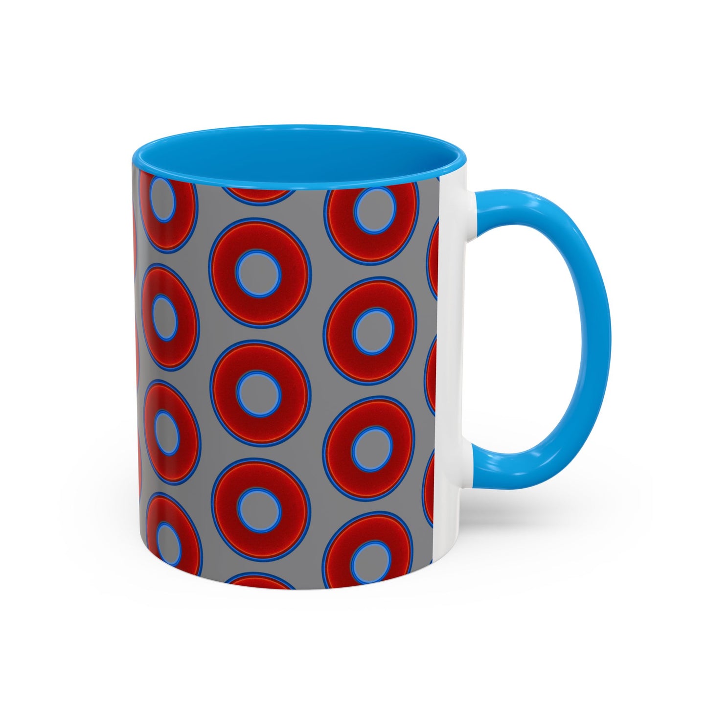 Lump's Grumpy Coffee Mug - vivid red donuts w/gray background