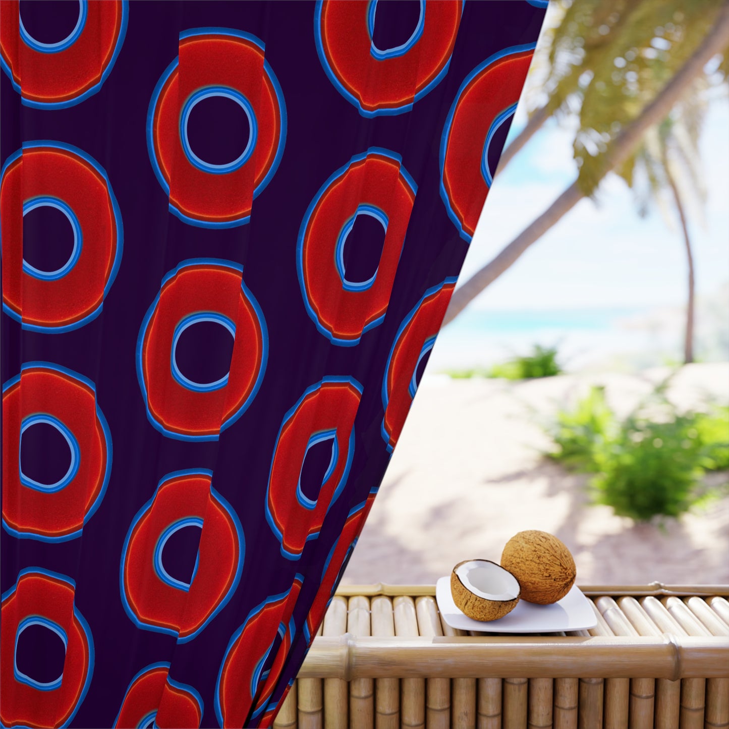 Lump's Heady Curtain w/Donuts - vivid red donut print - w/midnight purple background - [*1 Piece / 50" x 84"]