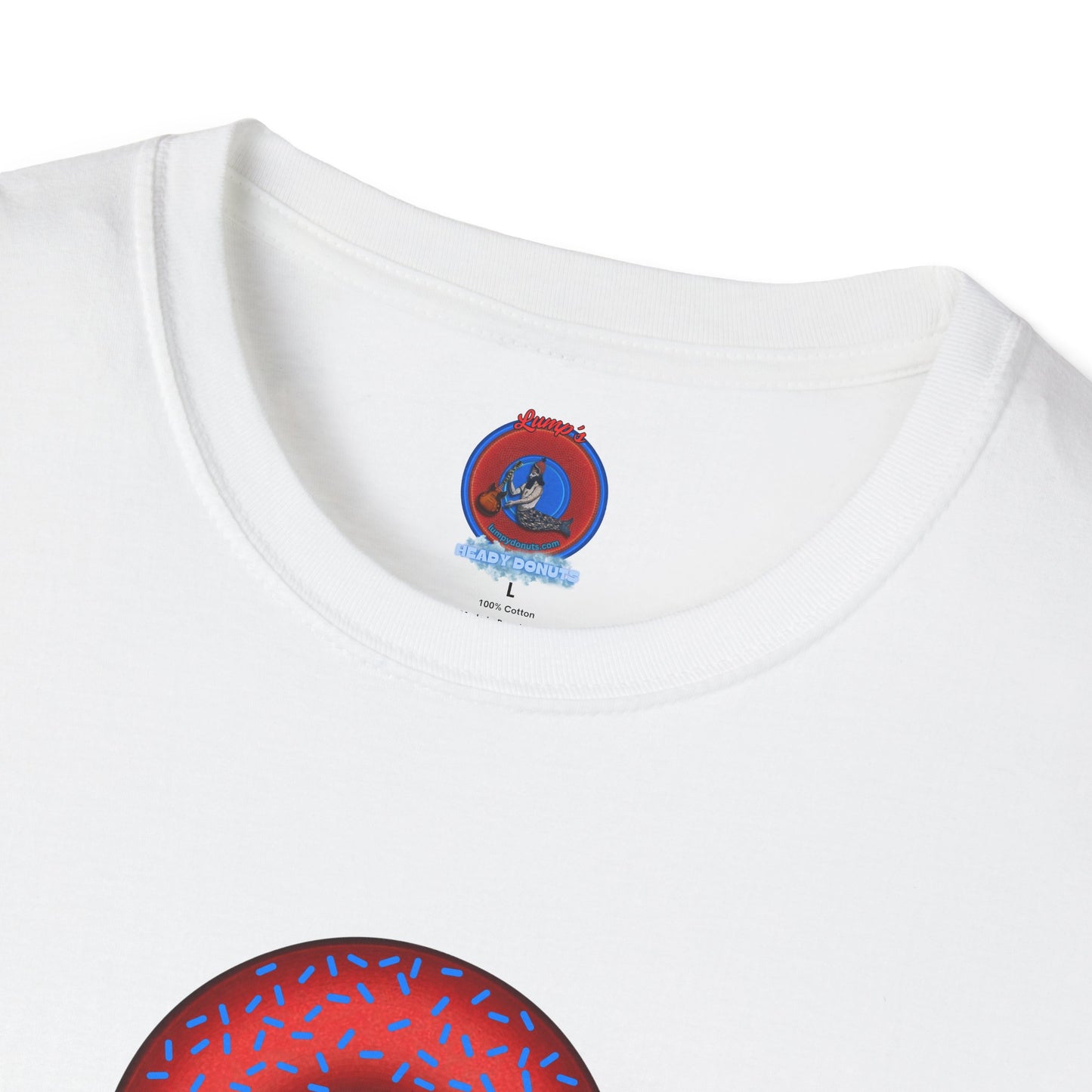 Classic Donut Tee - Unisex Soft-Style - "Plain Plump Donut w/" - plump red donut w/blue sprinkles