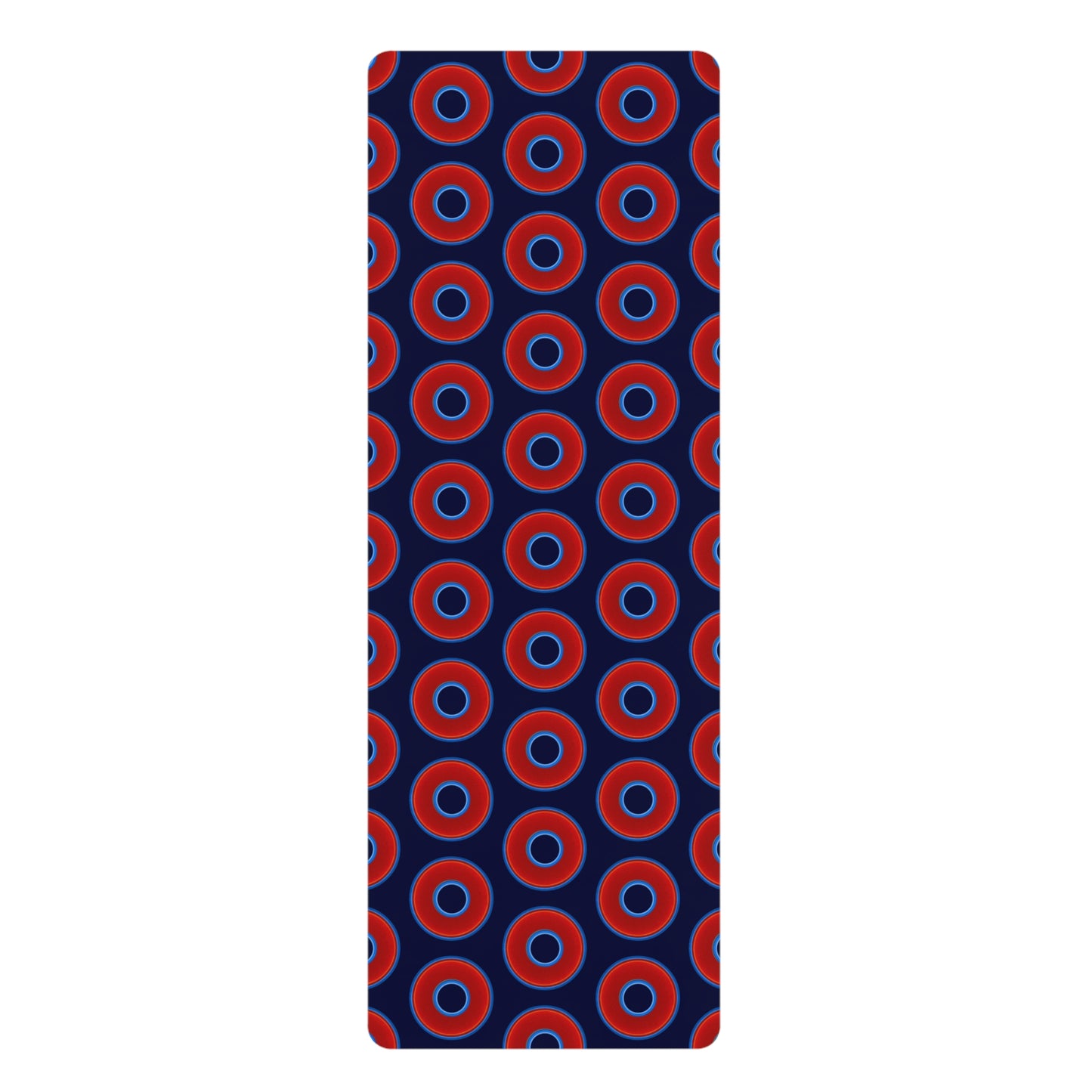 Lumpy Donut Yoga Mat :) - 24″ x 70" - vivid red donut print w/dark navy blue background
