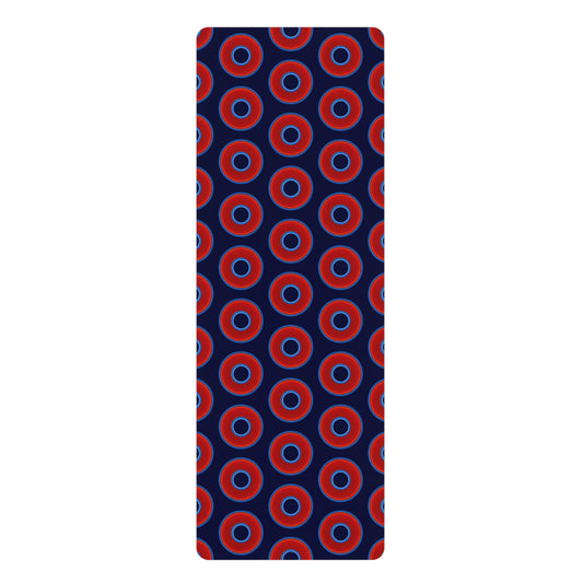 Lumpy Donut Yoga Mat :) - 24″ x 70" - vivid red donut print w/dark navy blue background