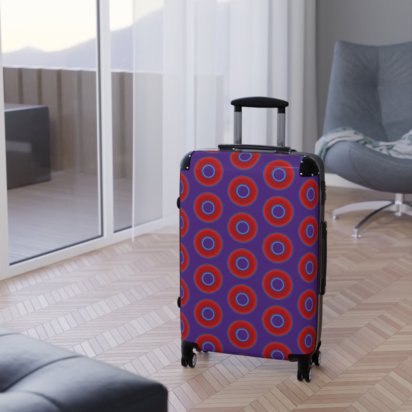 The Very Lumpy Donut Suitcase series - your choice of S, M or L - vivid red donut print w/dark purple background