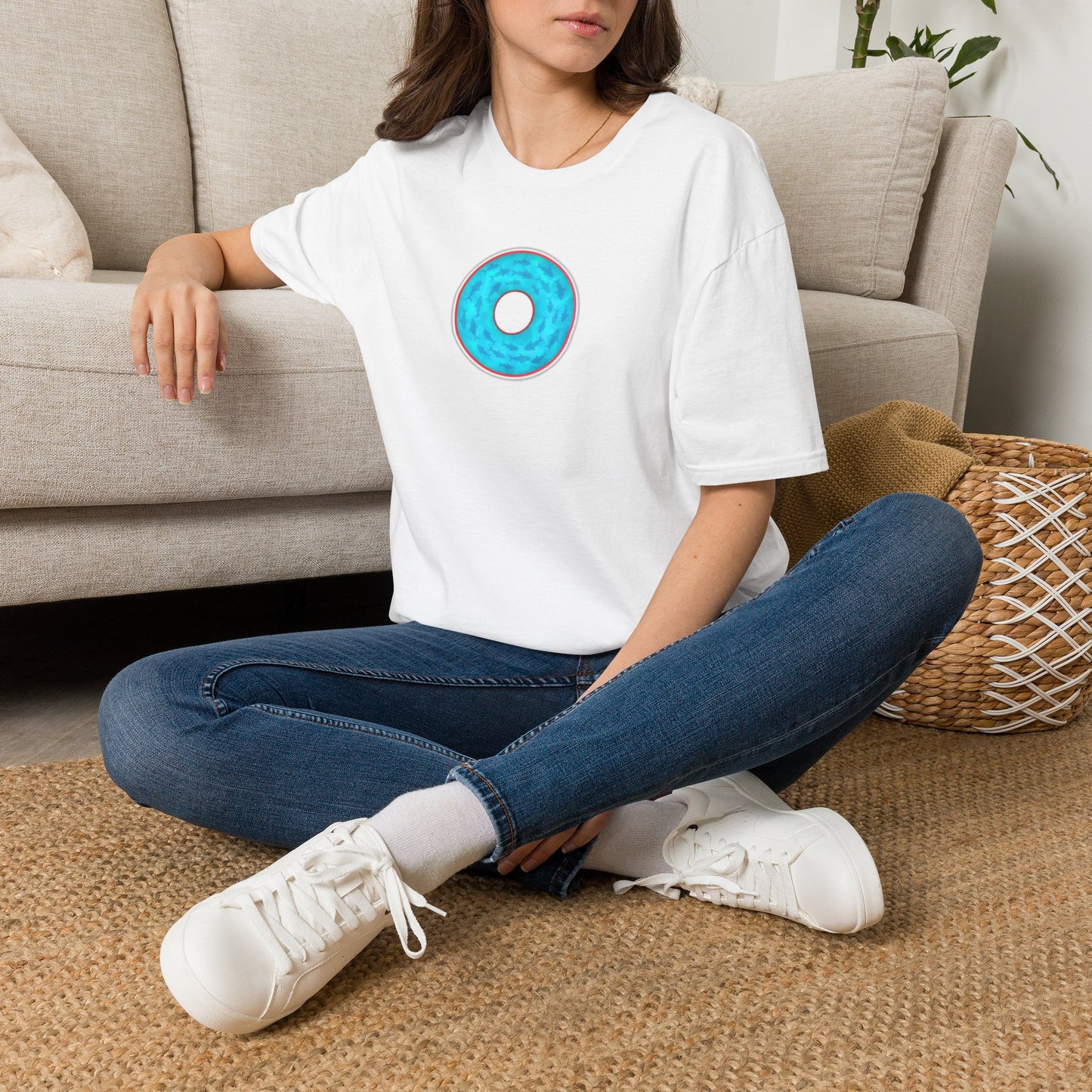 Classic Donut Tee - Unisex Soft-Style - "Skoolie of Phishies" - vivid sea donut - w/light blue water - variant 1