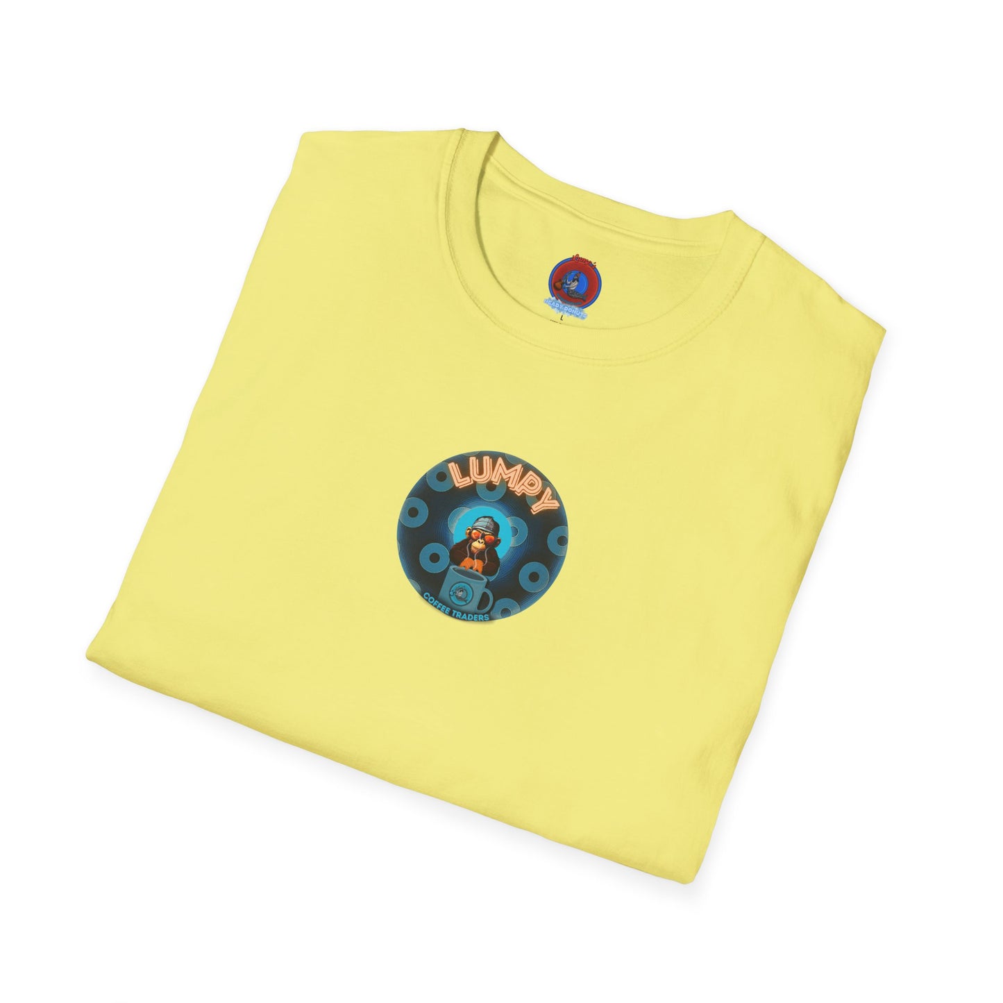 Coffee Traders Tee - Unisex Soft-Style - "Tasty Coffee" - paradoxical donut/cubed blue donut - variant 2 - logo front/It's Ice Cube's back