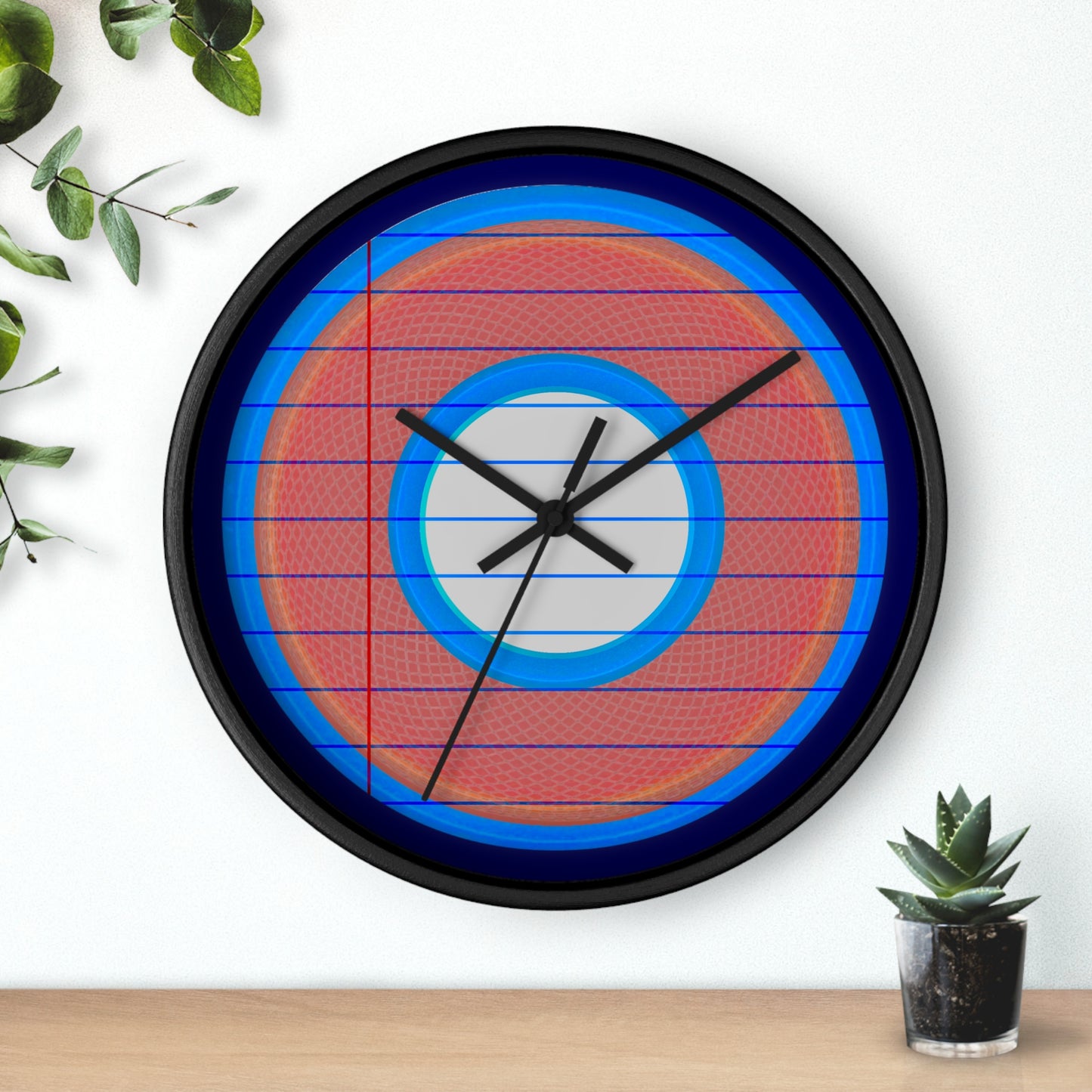 Lumpy Wall Clock - "Tasty Donut Clock" - variant 2 - rustic red donut w/lines/paper & dark navy blue background