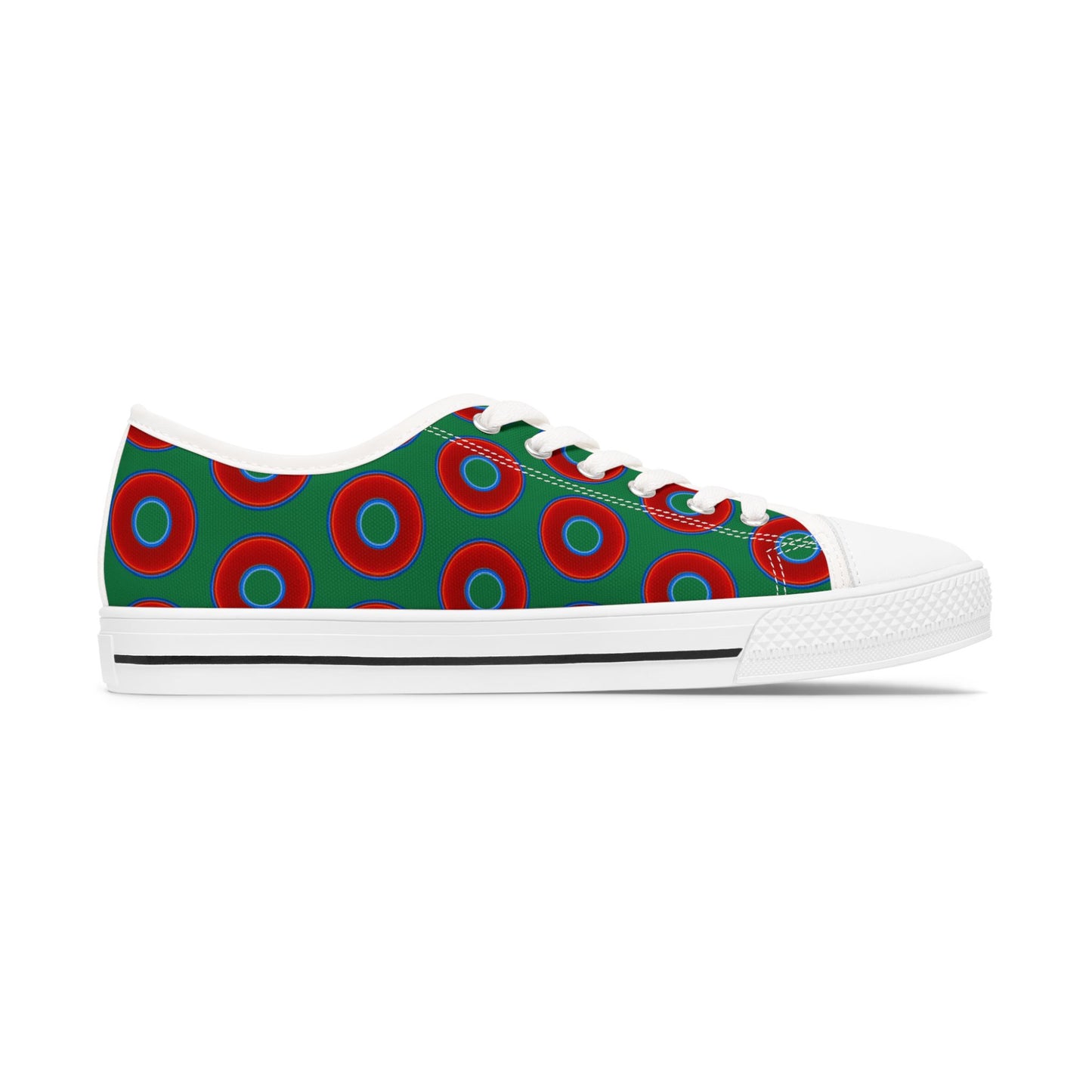 Women's - Low Top Chuck Taylors - large vivid red donut print w/green background
