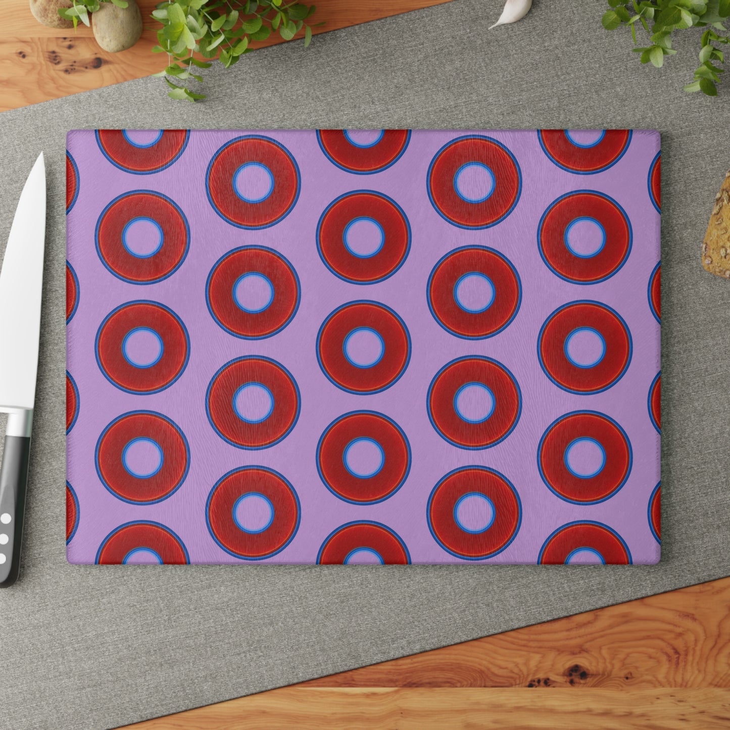 My Friend's Cutting Board - vivid red donuts w/wisteria purple background