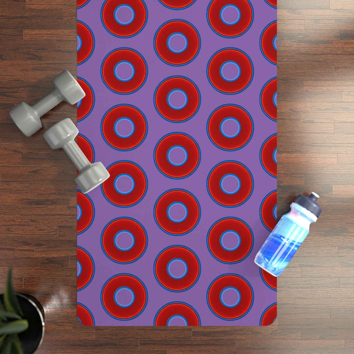 Lumpy Donut Yoga Mat :) - 24″ x 70" - vivid red donut print w/light purple background