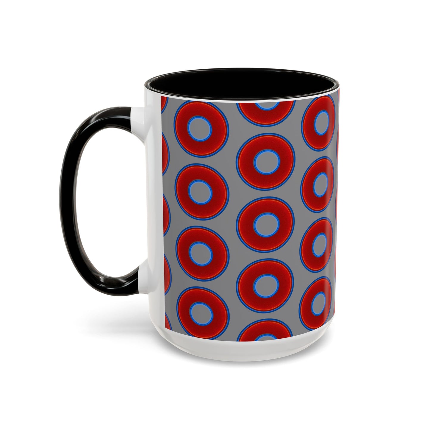 Lump's Grumpy Coffee Mug - vivid red donuts w/gray background