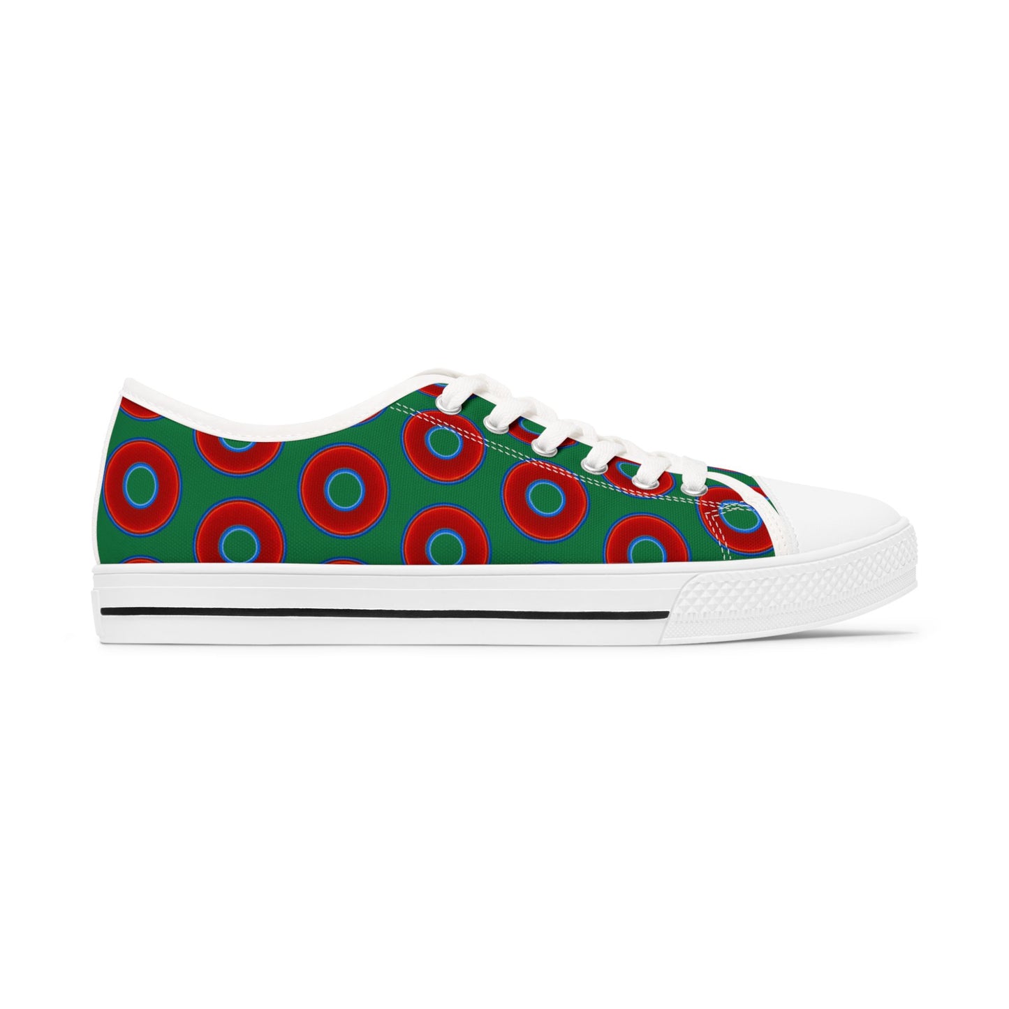 Women's - Low Top Chuck Taylors - large vivid red donut print w/green background