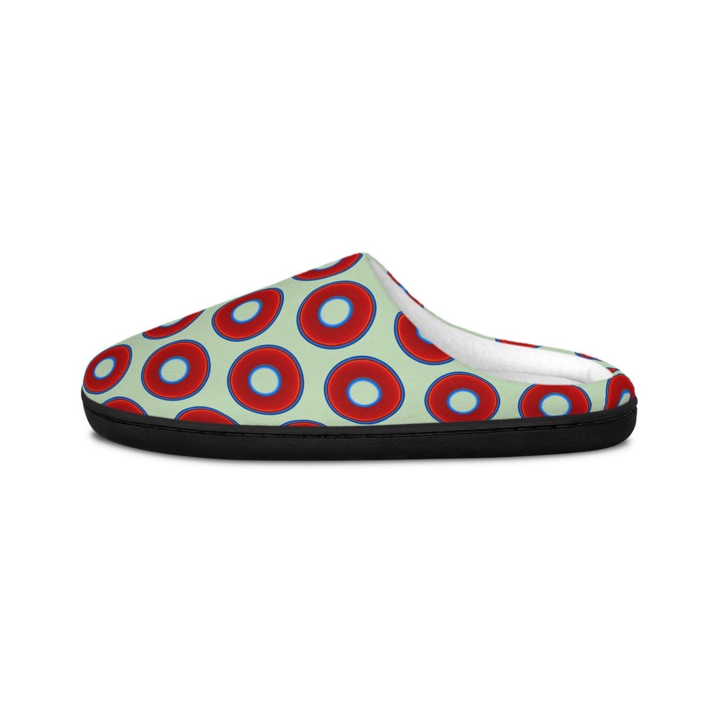 Men's Lumpy Slippers - red vivid donut print w/seafoam background