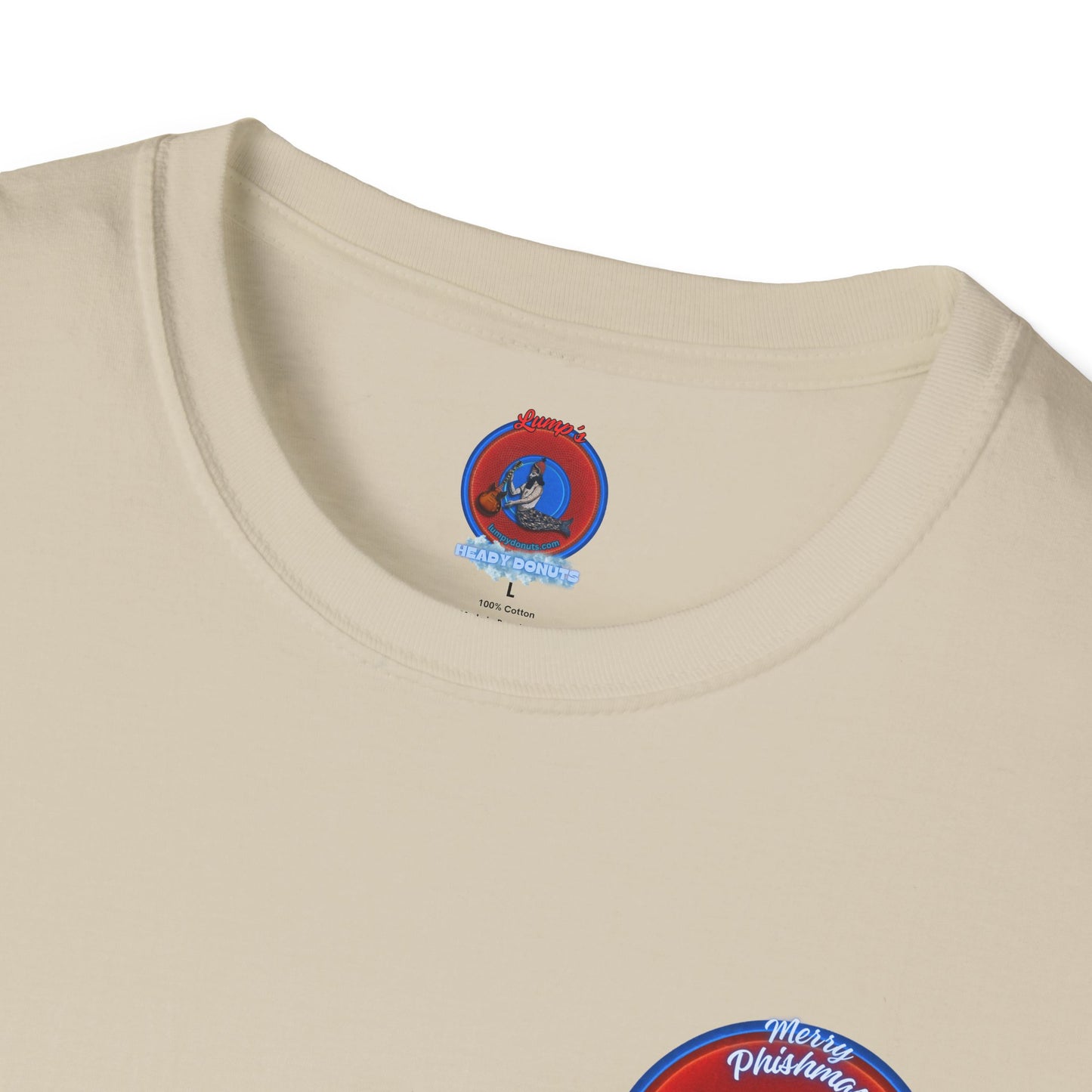 Classic Donut Tee - Unisex Soft-Style - "Phishmas Caroler's Tee " - vivid red/blue donut - variant 2