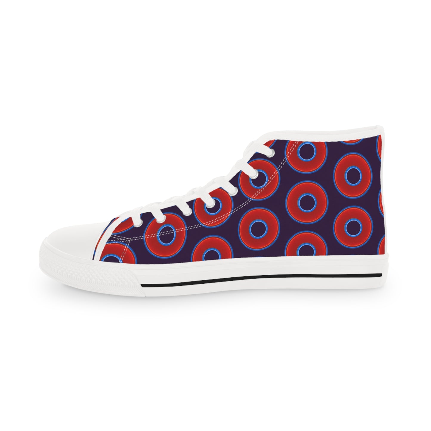 Men's High Top Chucks - large vivid red donut print w/midnight purple background