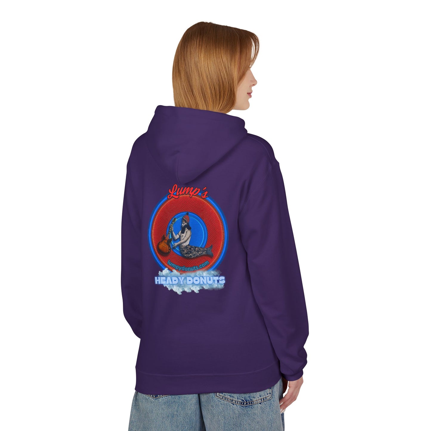 Unisex Fleece Hoodie - [Midweight Soft-style] - "Lump's Heady Logo" - w/rustic red donuts