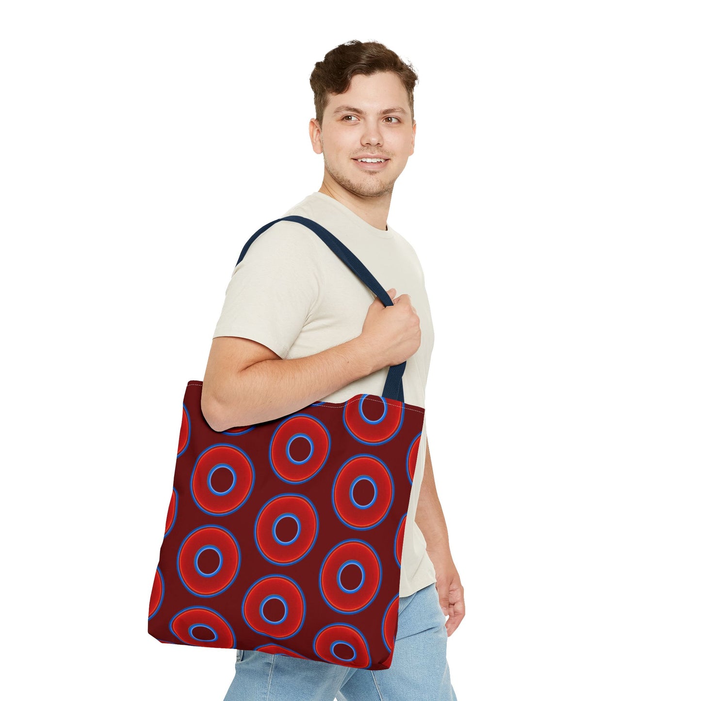 Lumpy Beach/Tote Bag - red vivid donuts w/dark red background