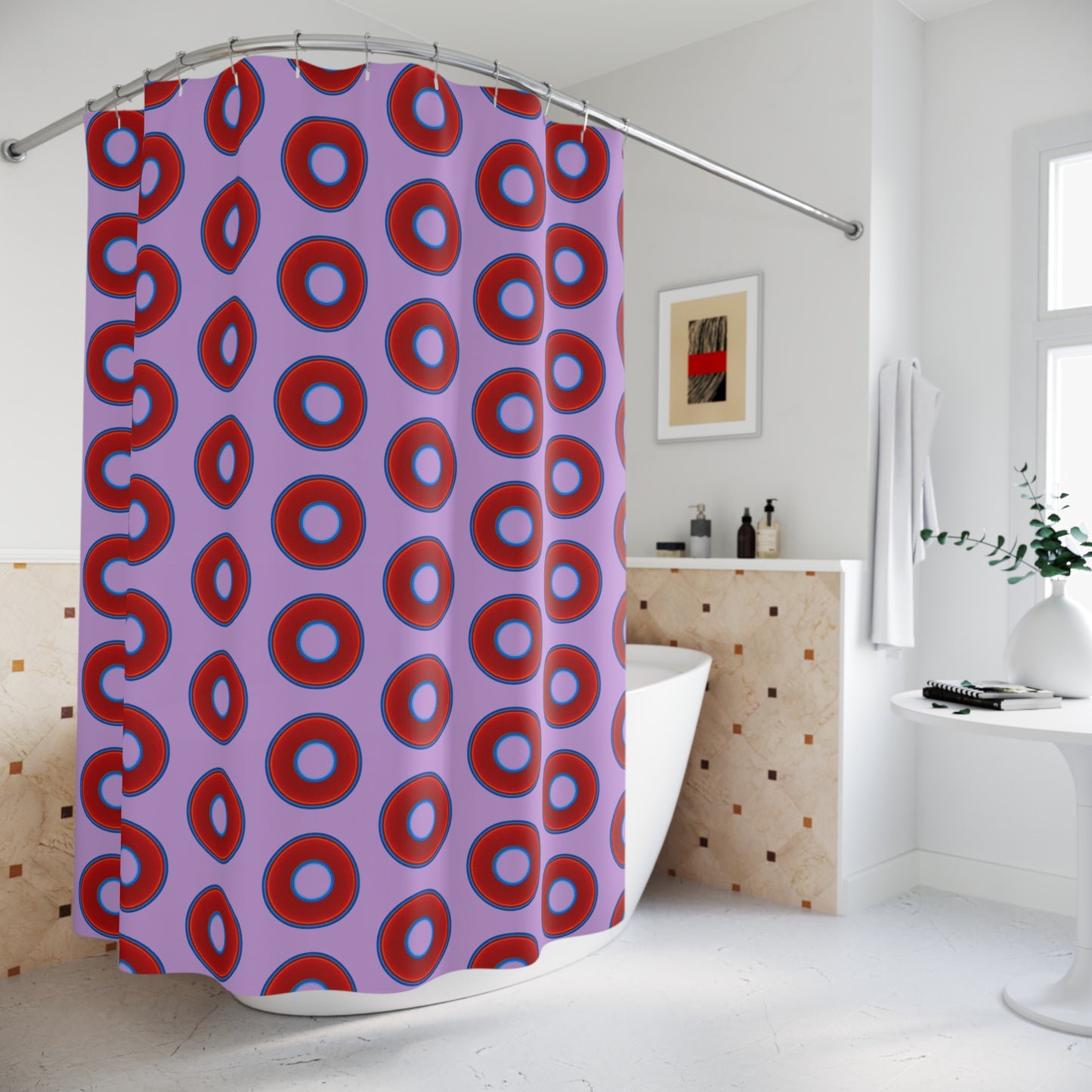 The Curtain With "Donuts" - Lumpy Bath Time Fun - vivid red donuts w/wisteria purple background