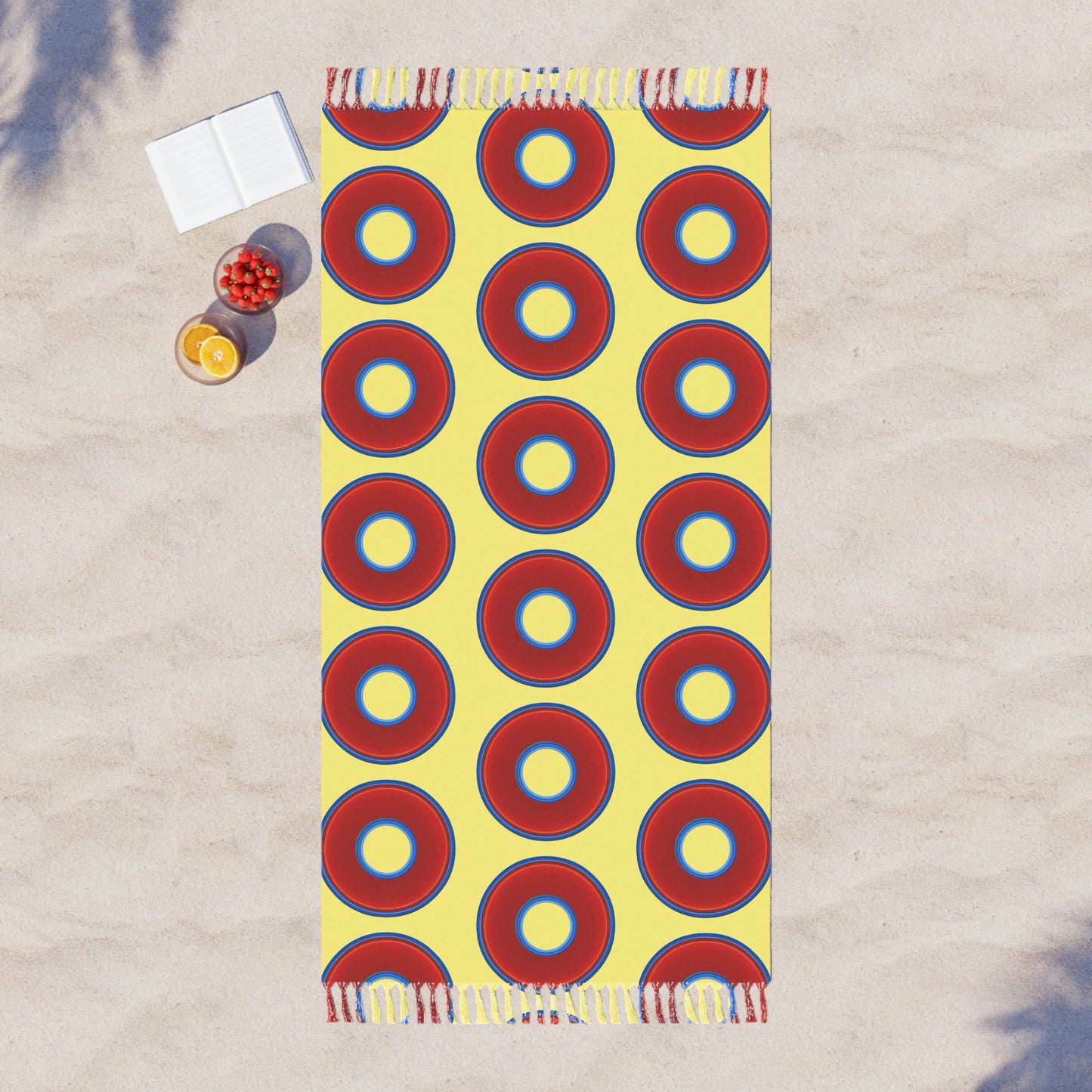Oversized Lumpy Beach Towel - vivid red donuts w/yellow background