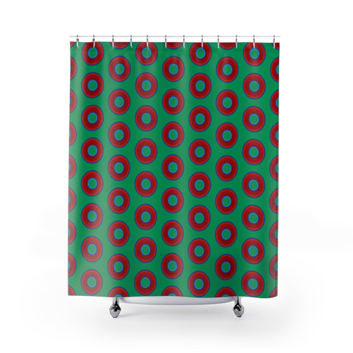The Curtain With "Donuts" - Lumpy Bath Time Fun - vivid red donuts w/jade green background