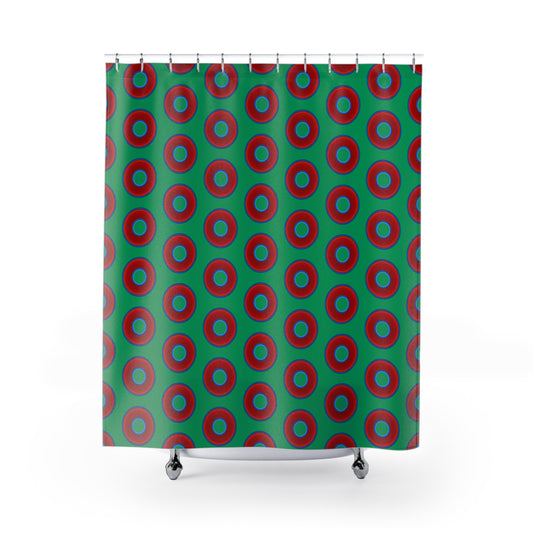 The Curtain With "Donuts" - Lumpy Bath Time Fun - vivid red donuts w/jade green background