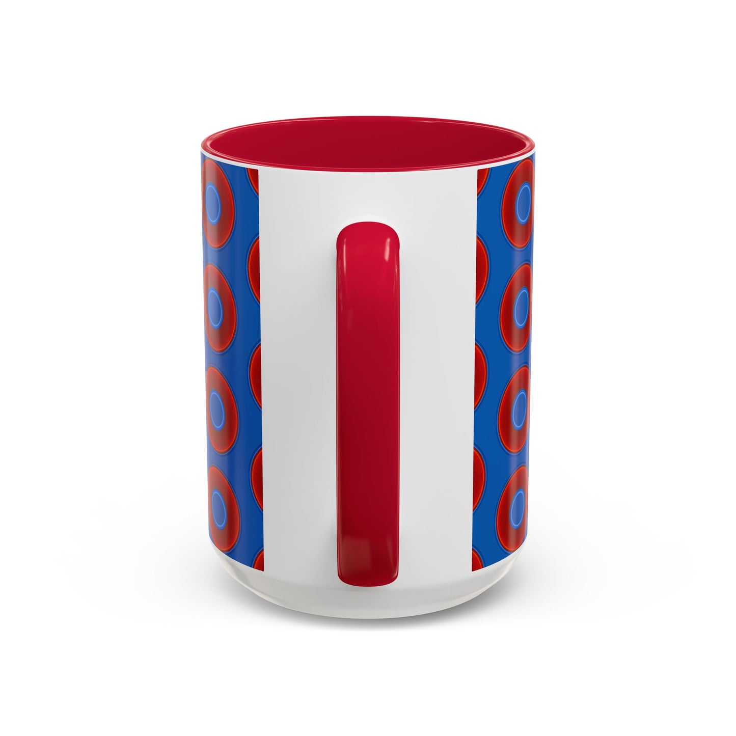 Lump's Grumpy Coffee Mug - vivid red donuts w/dark royal blue background